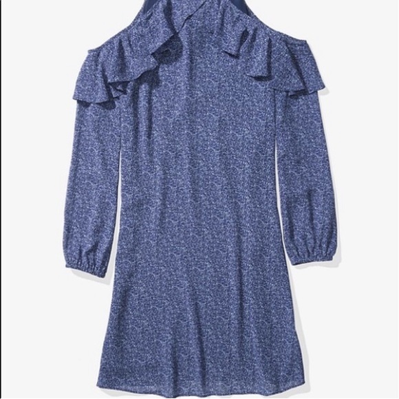 Michael Kors Blue Floral Print Ruffle Trim Cold Shoulder Poly Chiffon Dress - Picture 3 of 8